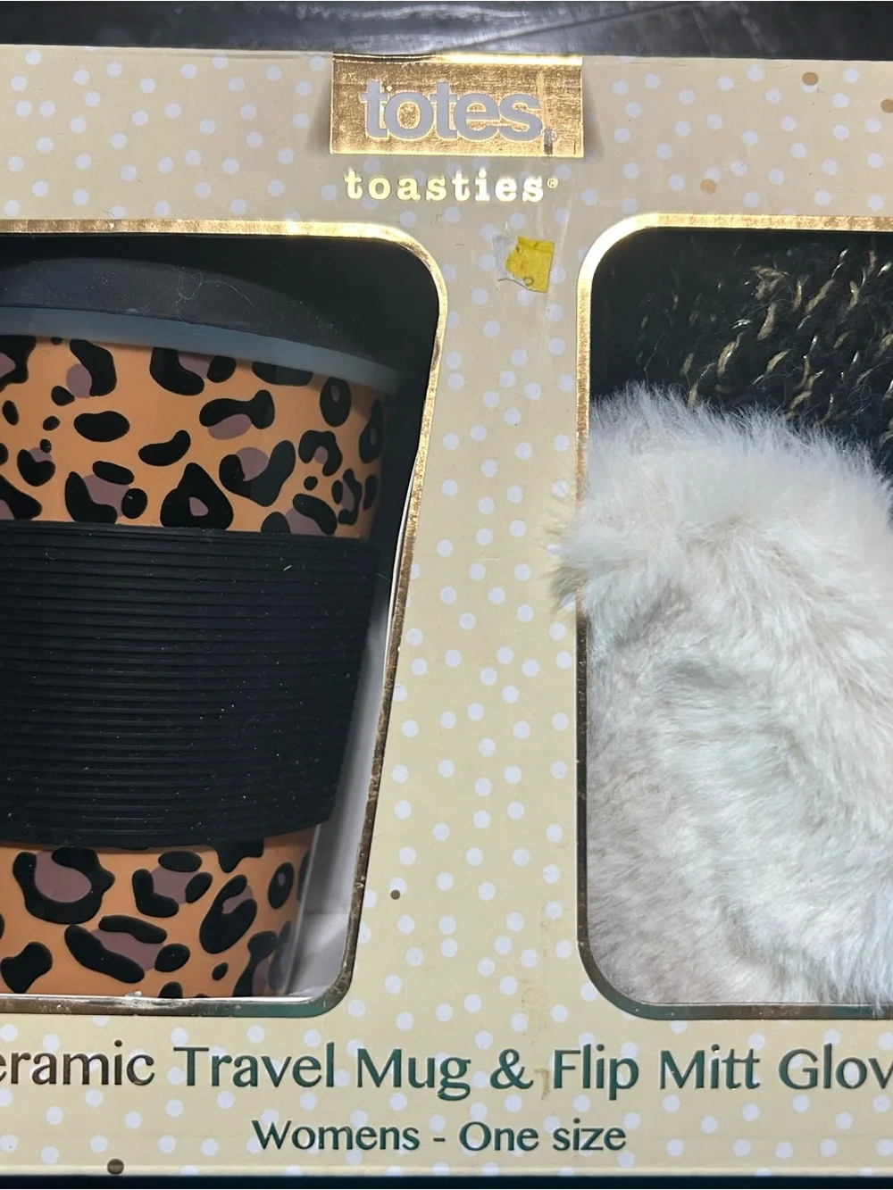 totes Leopard Print Mug & Cream Faux-Fur Flip mitts - glove’s